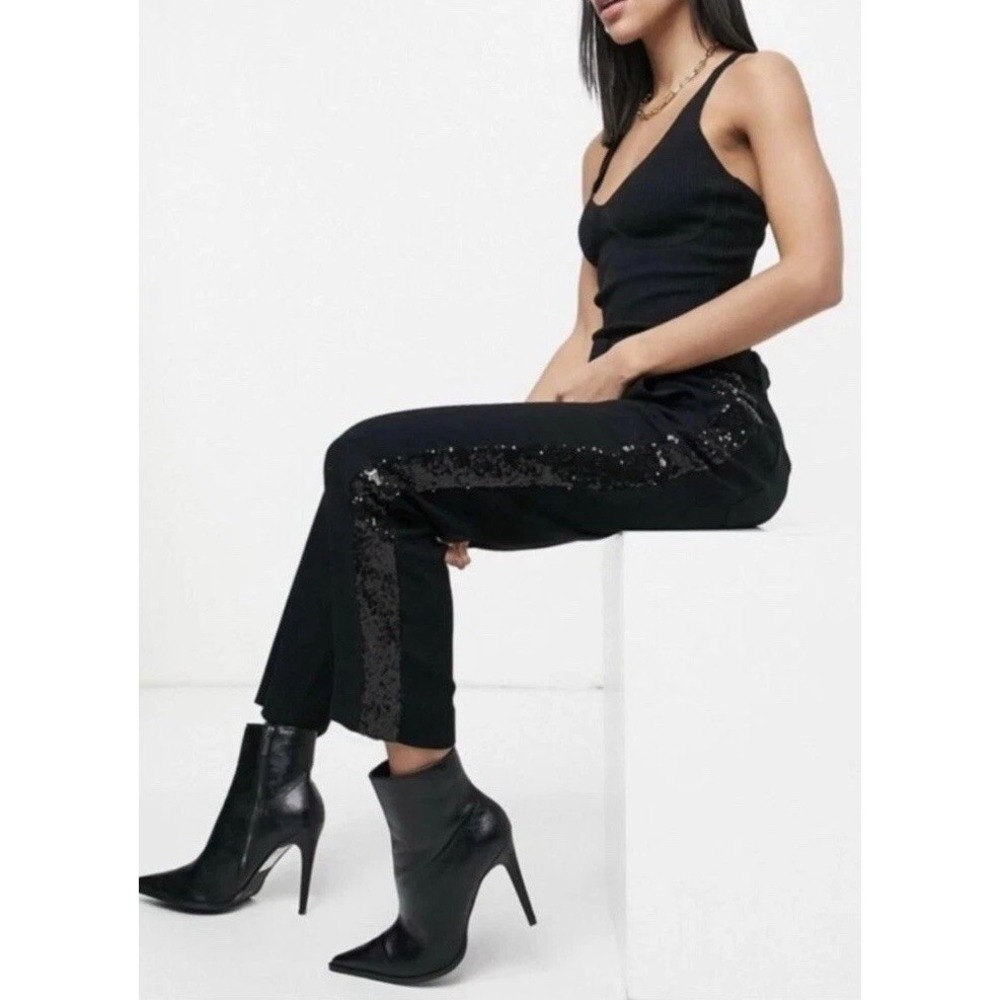 Derek Lam 10 Crosby Sequin Stripe Belted Black Pants Women's 2 NWT $450
